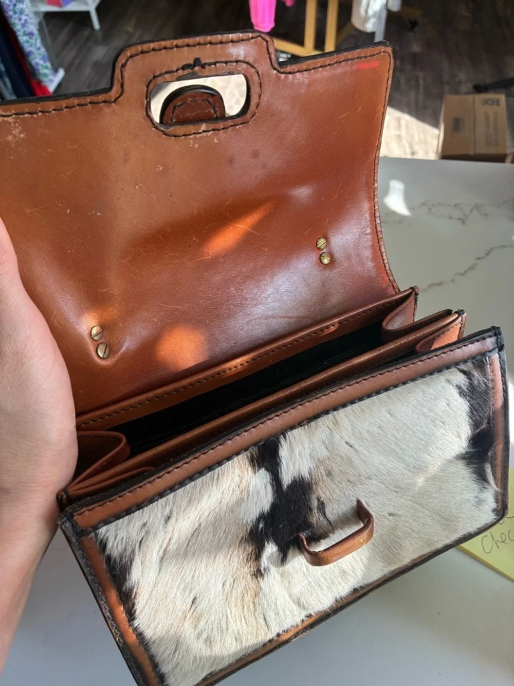 Vintage Handheld animal hair Leather Top-Handle Bag in White and Brown